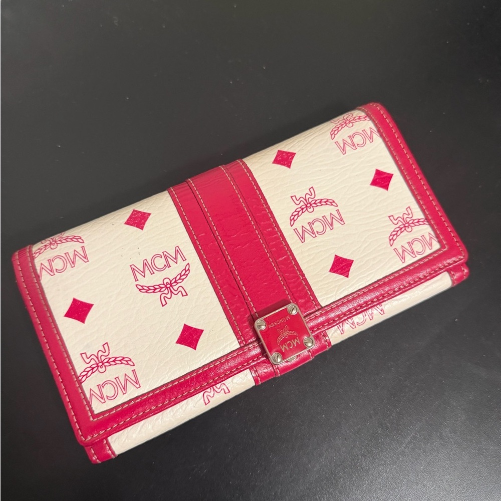 MCM White Wallet with Hot Pink Trim and Logo Print